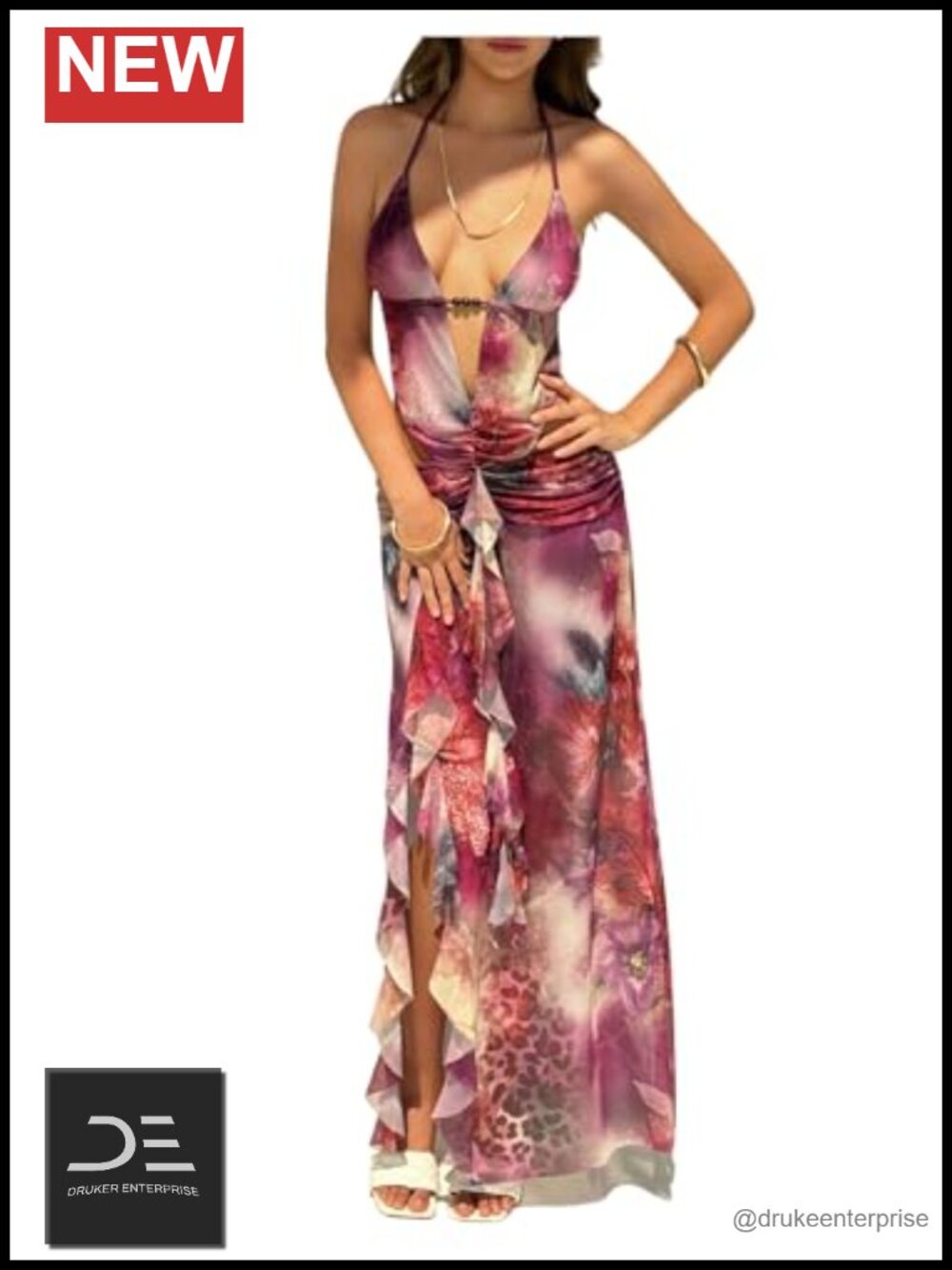 Women's Floral Halter Maxi Dress Sleeveless Ruffle Slit Summer Beach Vacation